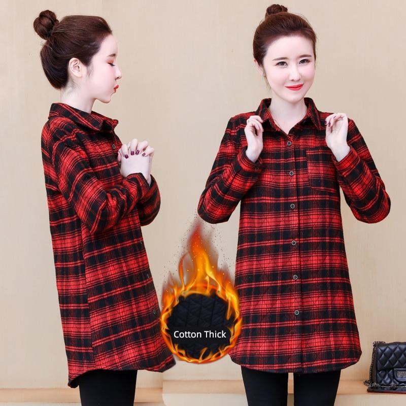 Plush thickening Autumn and winter Long sleeve leisure time lattice shirt