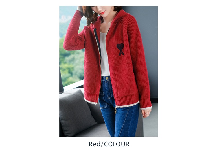 loose coat female Hooded knitting zipper jacket Embroidery Cardigan