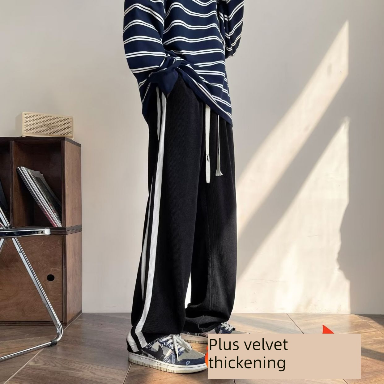Plush stripe winter Sense of design leisure time Straight pants