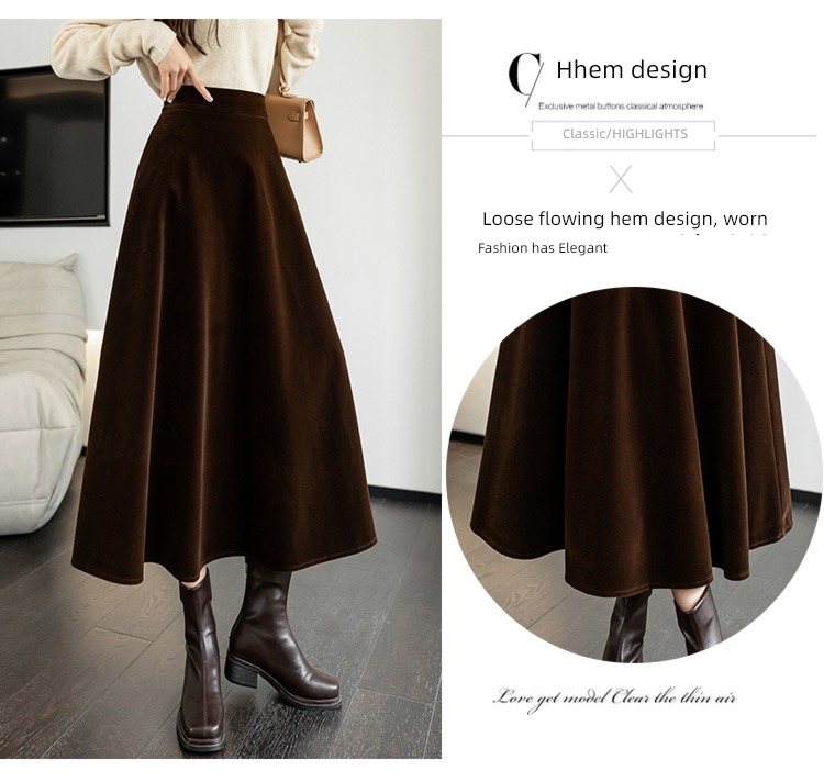 Coffee Autumn and winter Velvet Medium and long term High waist skirt