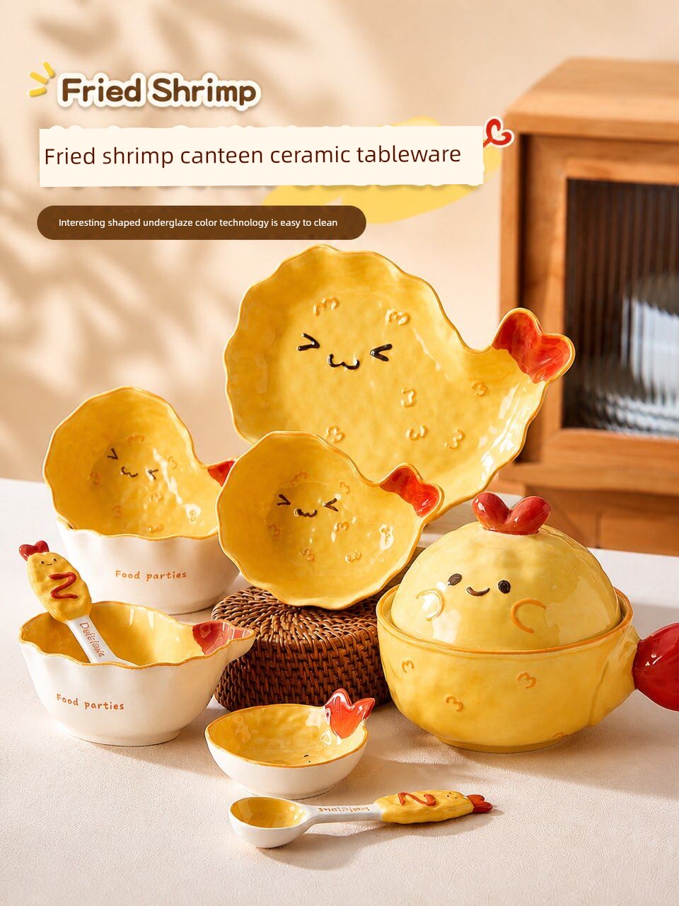 Kawashimaya Cute Fried Shrimp Bowl, Household Instant Noodle Bowl, Plate for One Person, Beautiful Tableware, Birthday Gift for Girls, Practical