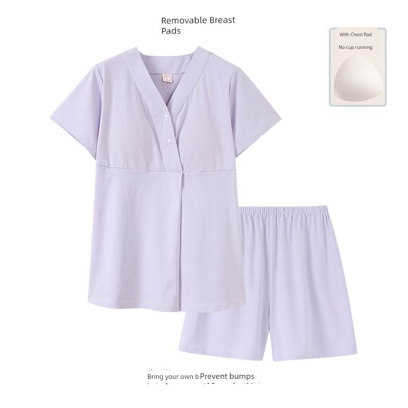 Postpartum Clothing, Summer Pure Cotton Thin Style, Sweat-Absorbent, Postpartum, with Breast Pads, Maternity Pajamas, Short-Sleeved, Breastfeeding — 8