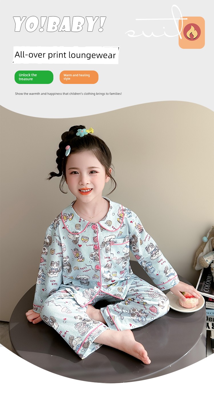 Girls' Pajama Set Spring and Autumn 2026 New Stylish Cartoon Home Wear for Children, Pure Cotton Long-Sleeve Trendy Outfit for Baby Girls — 3
