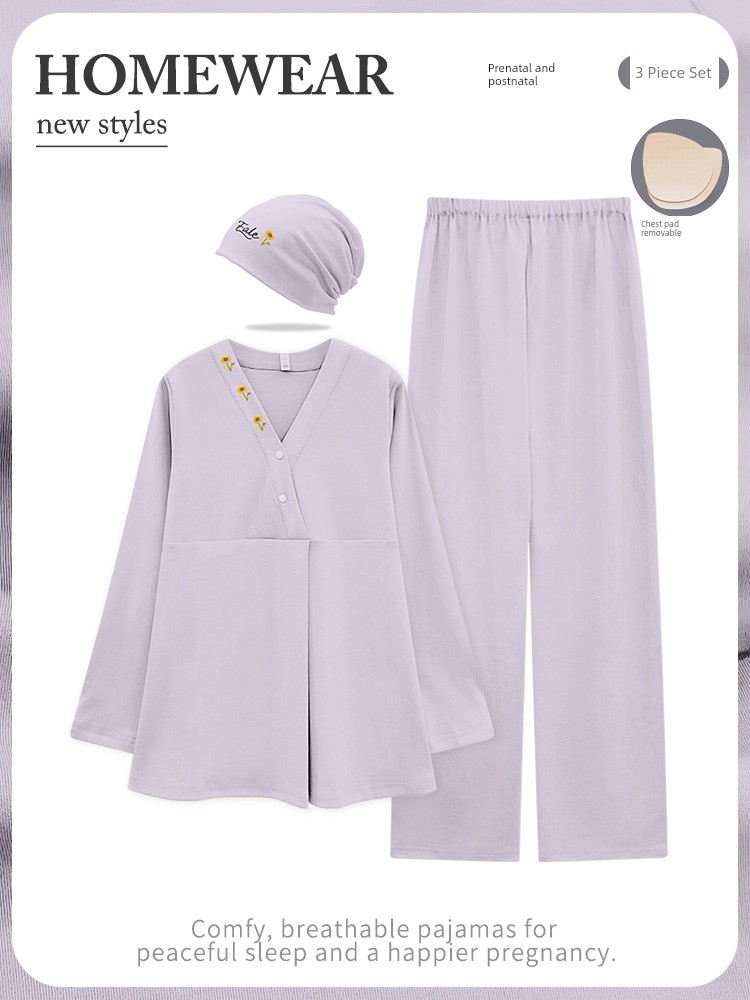 Maternity Pajamas with Breast Pads, Pure Cotton, Sweat-Absorbent, Autumn and Winter Style, Nursing Maternity Sleepwear, Summer Thin Style, Postpartum Loungewear