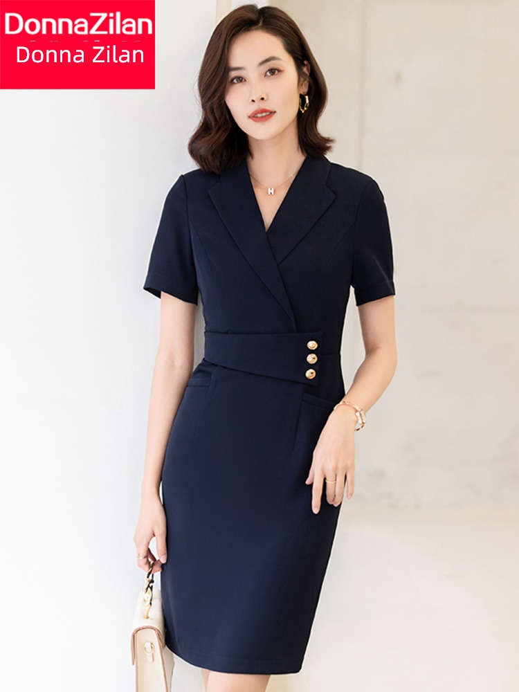 occupation Short sleeve Dress female summer 2023 The new Close your waist commute temperament Beauty Salon formal wear coverall skirt