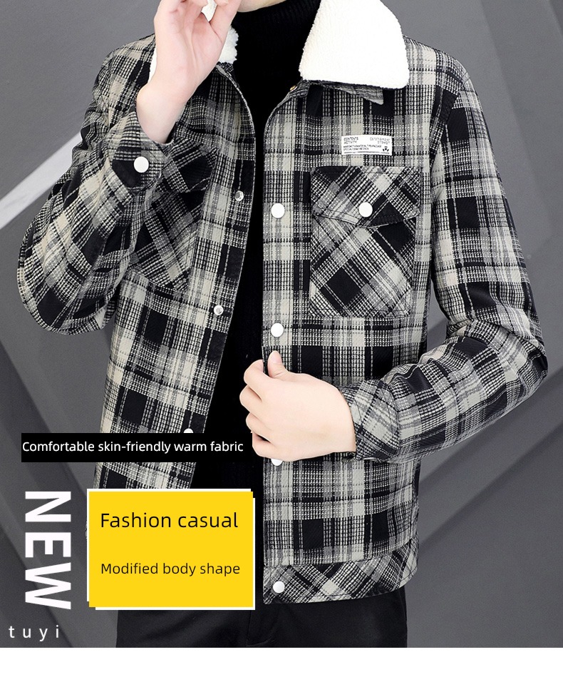 Plush lattice Flannel collar trend keep warm Self-cultivation leather clothing