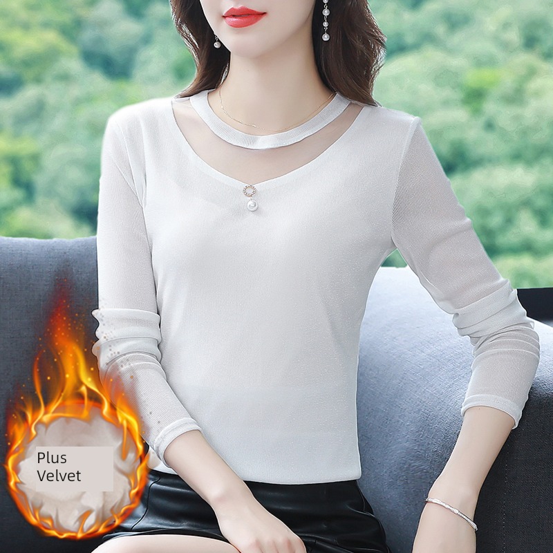 black Bright silk Gauze Undershirt ma'am Autumn and winter 2022 new pattern fashion Inner lap T-shirt Plush Long sleeve jacket