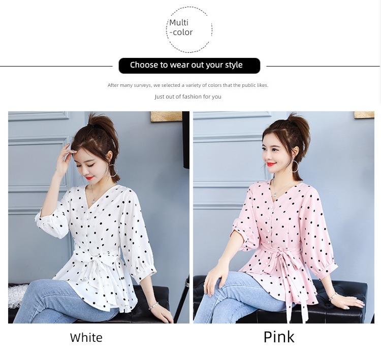 Korean version Temperament lady Frenulum Close your waist Skirt Ruffles Baby shirt jacket Short sleeve Wave point Chiffon shirt female summer