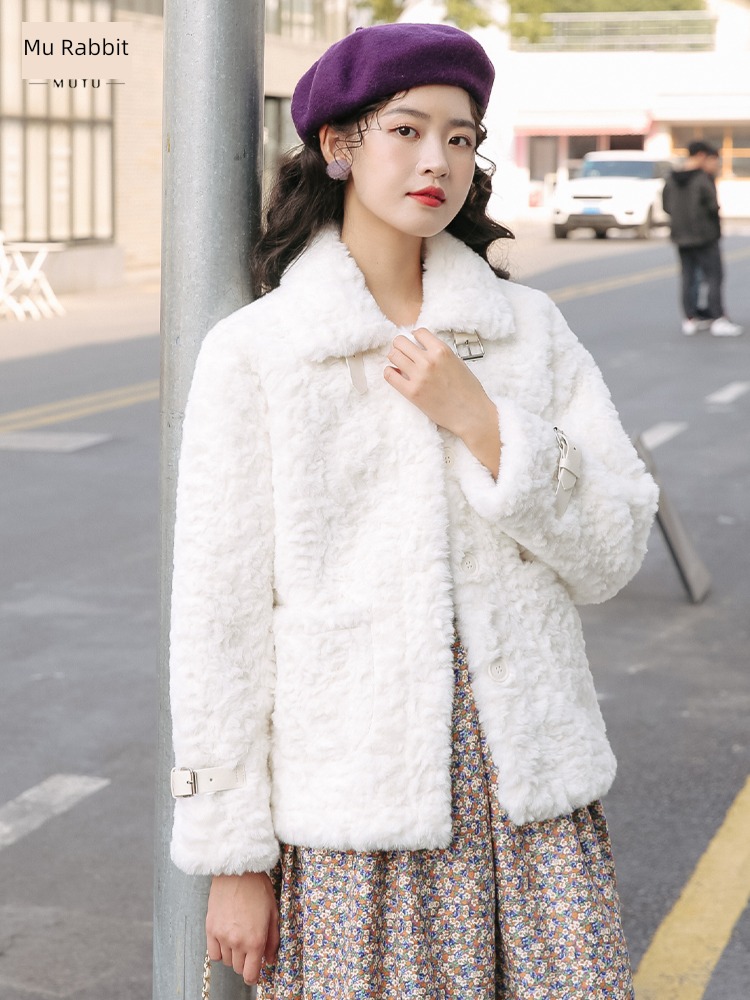 thickening lovely Korean version easy Fur in one short coat