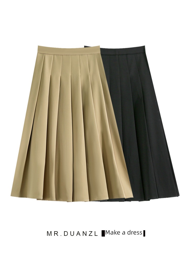 MRDUANZL Medium and long term Black suit Fabric Pleated skirt