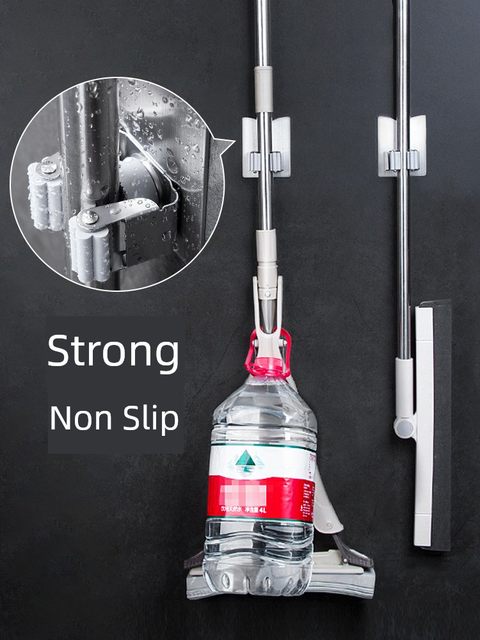Mop hook without punching and powerful fixing and snapping bathroom broom rack mop clip stainless steel storage tool