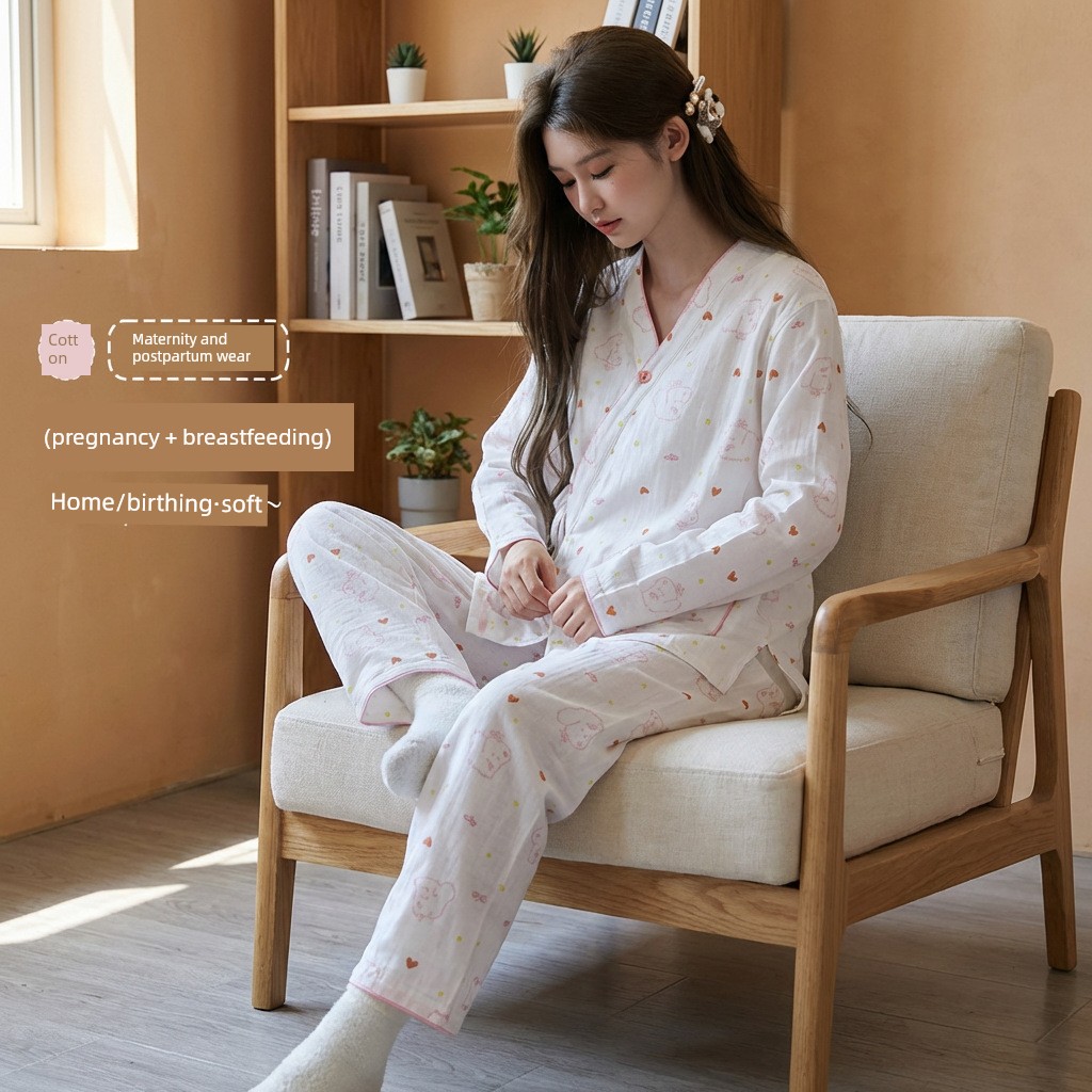All-Cotton Imported New Pure Cotton Gauze Cute Teddy Maternity Pajama Set, Thin Style Postpartum Nursing Sleepwear Set — 14