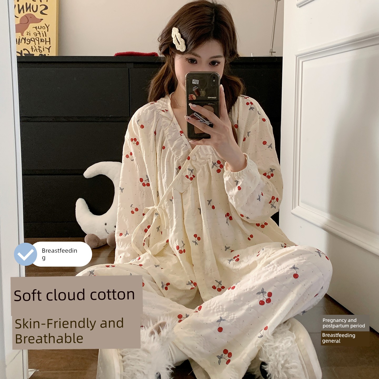 Maternity Pajamas, Summer Thin Style, Postpartum Long-Sleeved Gauze Confinement Clothes, Maternity Nursing Kimono-Style Home Clothes — 5