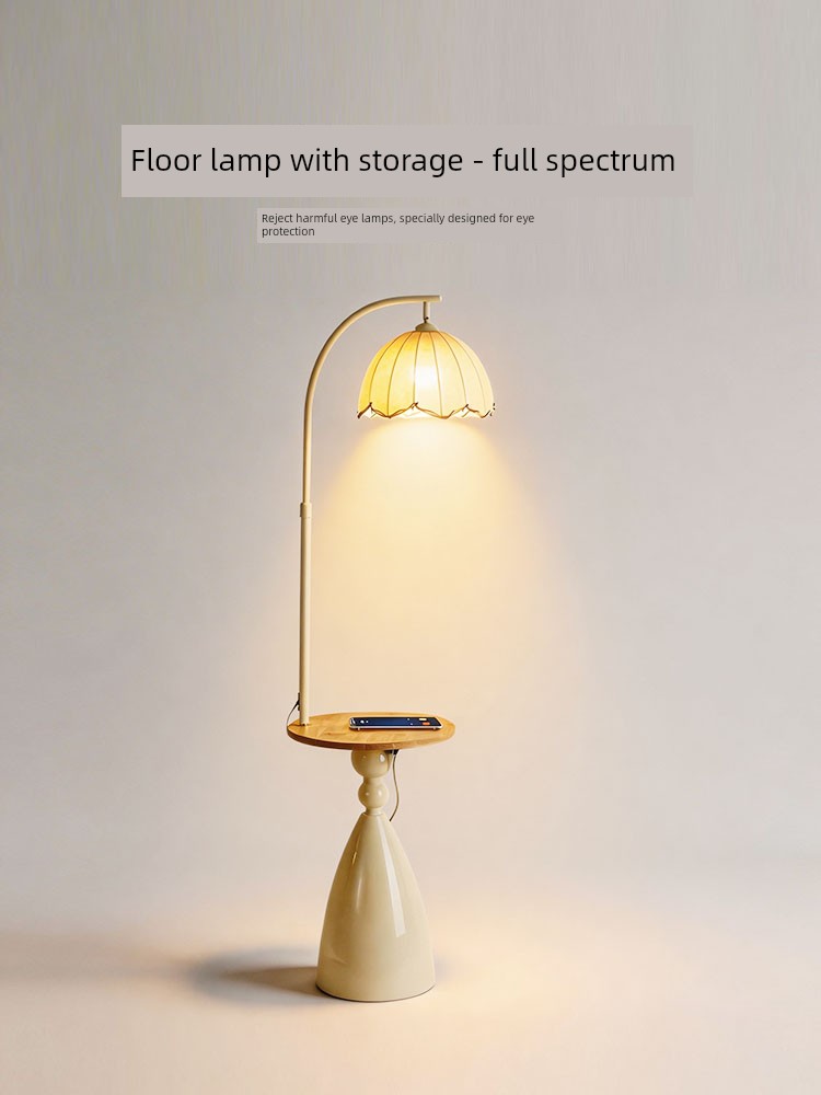 Guji Cream-Style Floor Lamp with Integrated Shelf for Living Room Sofa, Ambient Light, Multifunctional Bedside Lamp for Bedroom