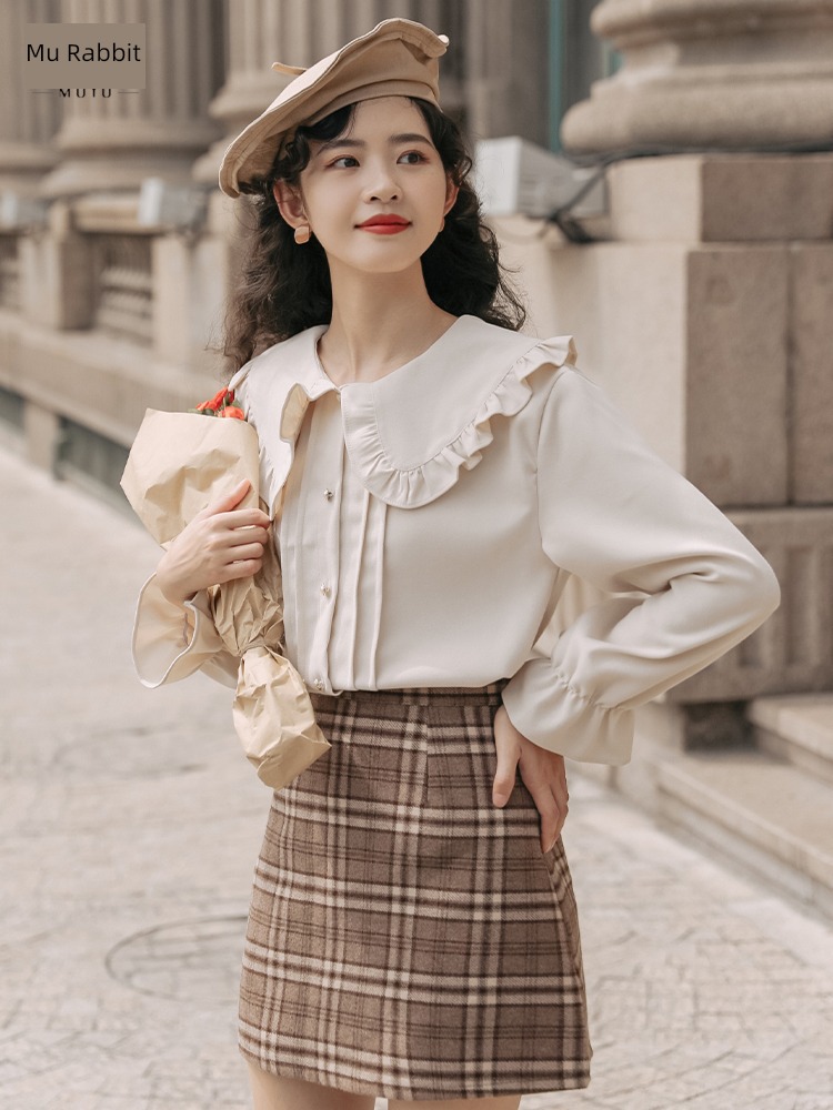 Moxa rabbit unique Sense of design puff sleeve Doll Collar shirt