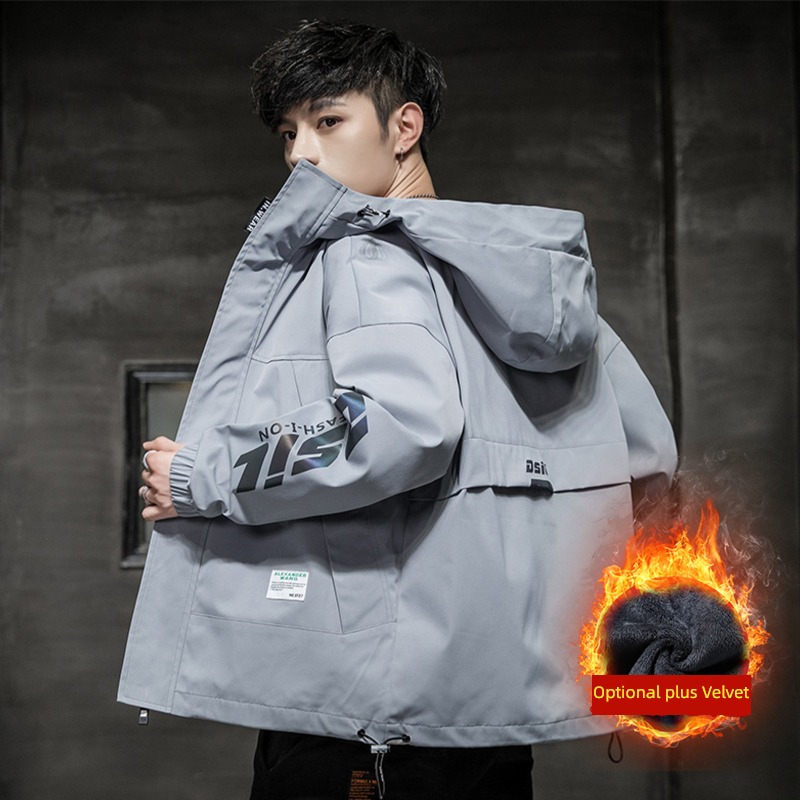 grey leisure time motion Hooded winter Ruffian handsome loose coat