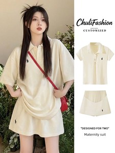 Maternity Summer Outfit 2026 New Fashion Summer Polo Top and Skirt Pants Two-Piece Set for Petite Women during Pregnancy
