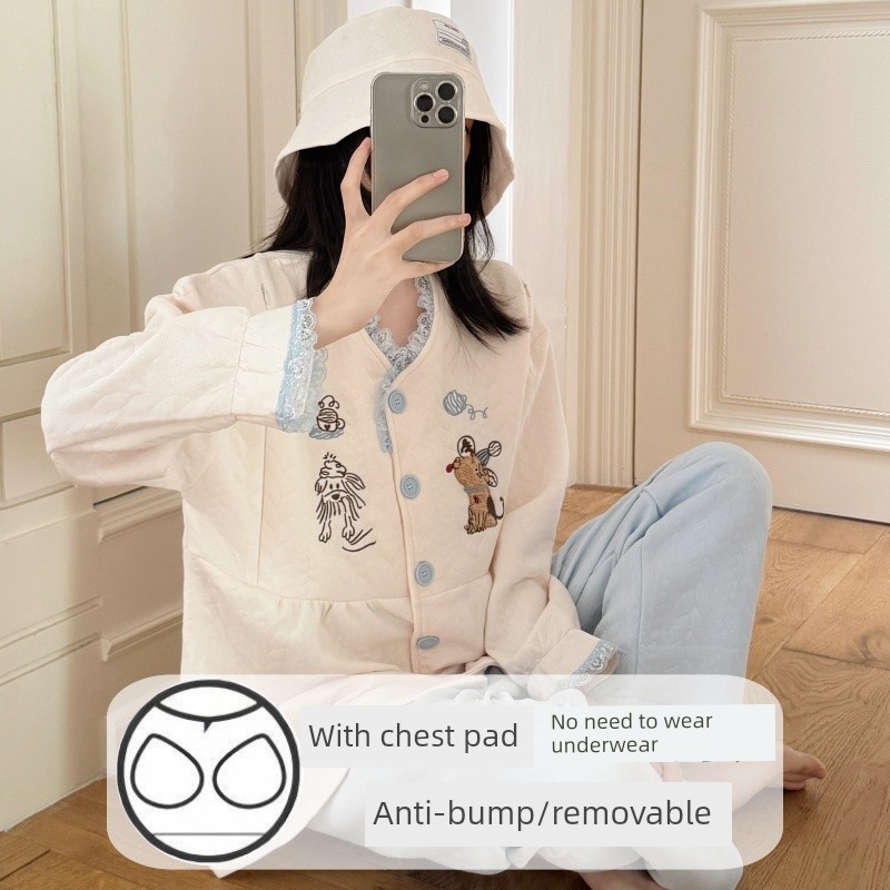 Spring, Autumn, and Winter Maternity Pajamas with Chest Pads, Thickened Air Cotton, No Need to Wear Underwear, Layered Maternity Sleepwear with Hood Set — 6
