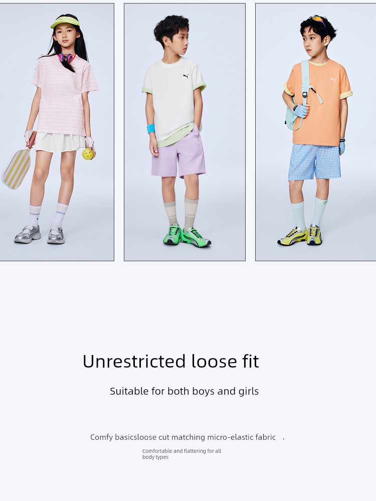 [Channel 2-Piece Set] Puma Children's Clothing 26 Kidsren's Short-Sleeved T-Shirt Fresh and Fashionable Pure Color Stripesd Sports T-Shirt — 14