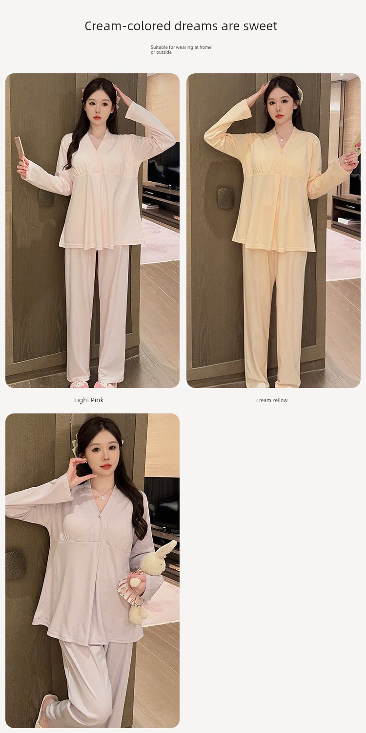 Simple Style Maternity Pajamas with Chest Pads, Pure Cotton, Thin Summer and Autumn Postpartum Nursing Sleepwear for Pregnant Women, All-Cotton for Autumn — 4