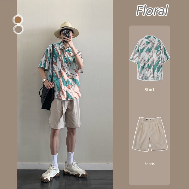 Hong Kong flavor Retro style leisure time Two piece set Short sleeve shirt