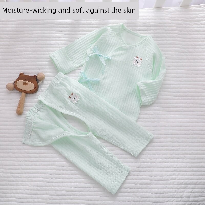 All-Cotton Pure Cotton Newborn Baby Two-Piece Set, Summer Thin Style, Autumn Clothing, Pure Cotton Monk-Style Clothes, Open-Crotch for Newborns — 5