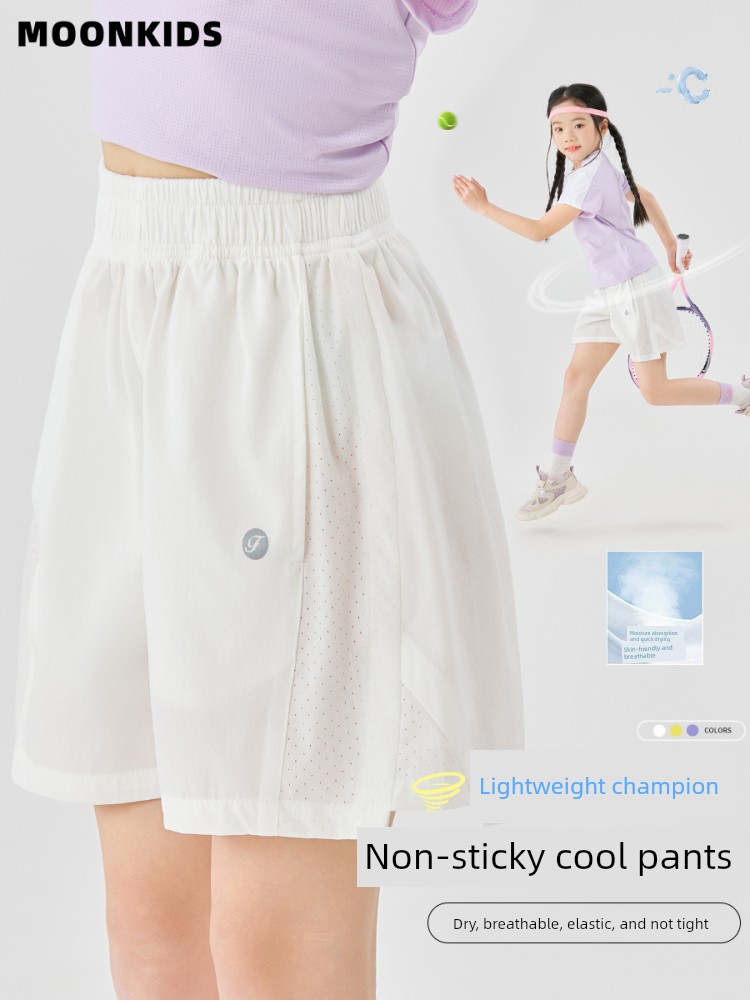 Moonkids Summer Girls' Sports Shorts Thin Summer Kidsren's Quick-Drying Pants for Girls to Wear Outside in White Ice Silk