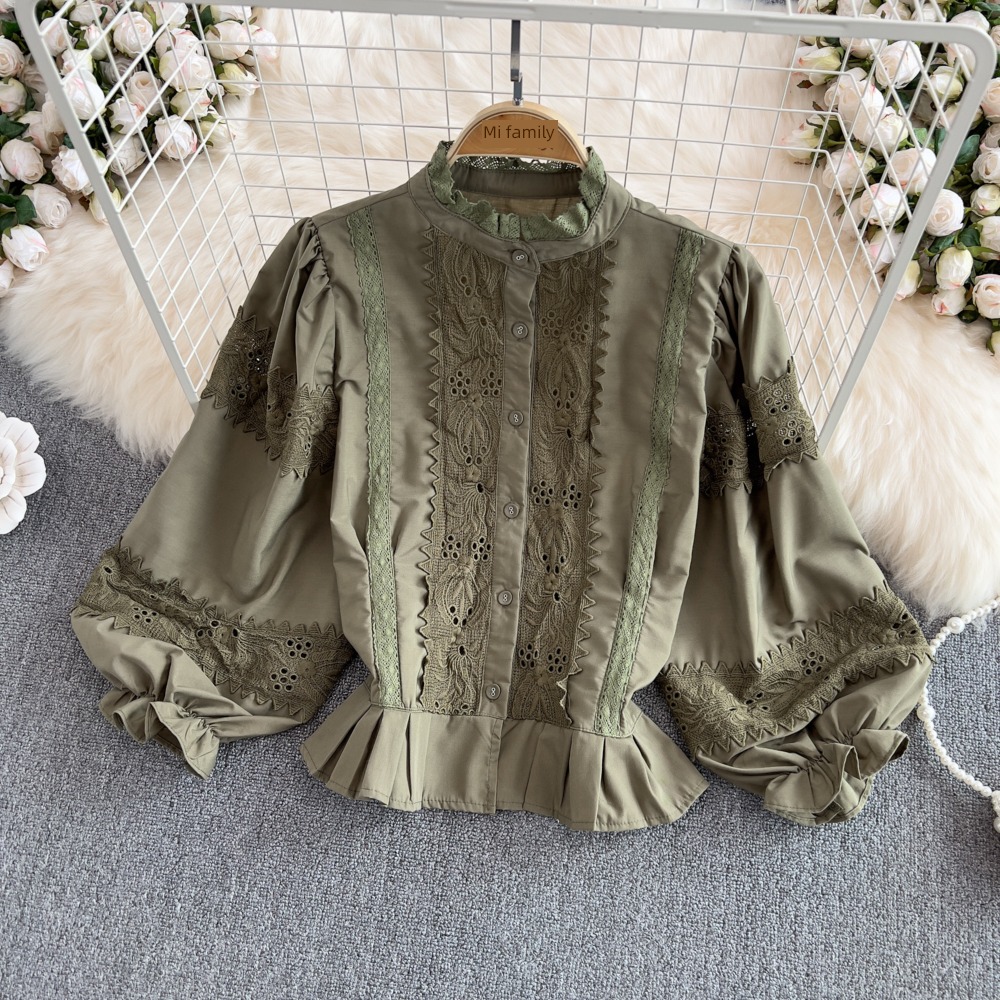 Retro stand collar Single breasted lace easy shirt Lace
