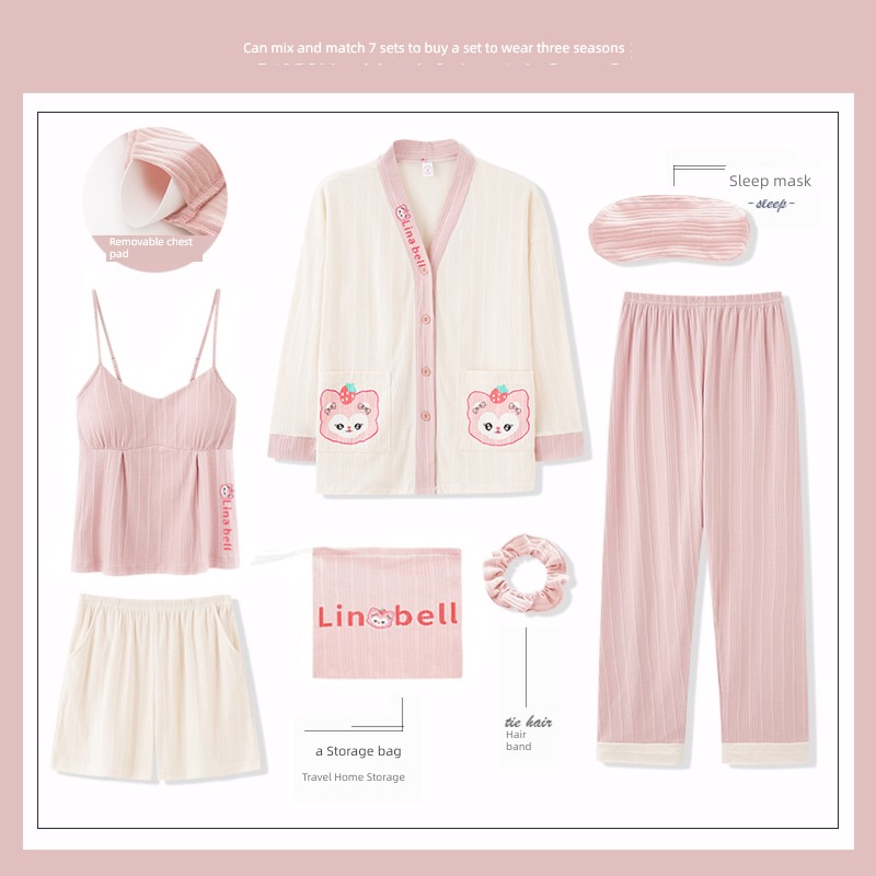 Yu Zhaolin With chest pad female pure cotton Long sleeve autumn pajamas