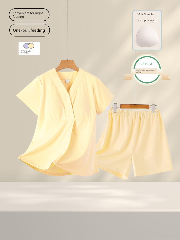 Postpartum Clothing, Summer Pure Cotton Thin Style, Sweat-Absorbent, Postpartum, with Breast Pads, Maternity Pajamas, Short-Sleeved, Breastfeeding Pajamas, Pregnancy