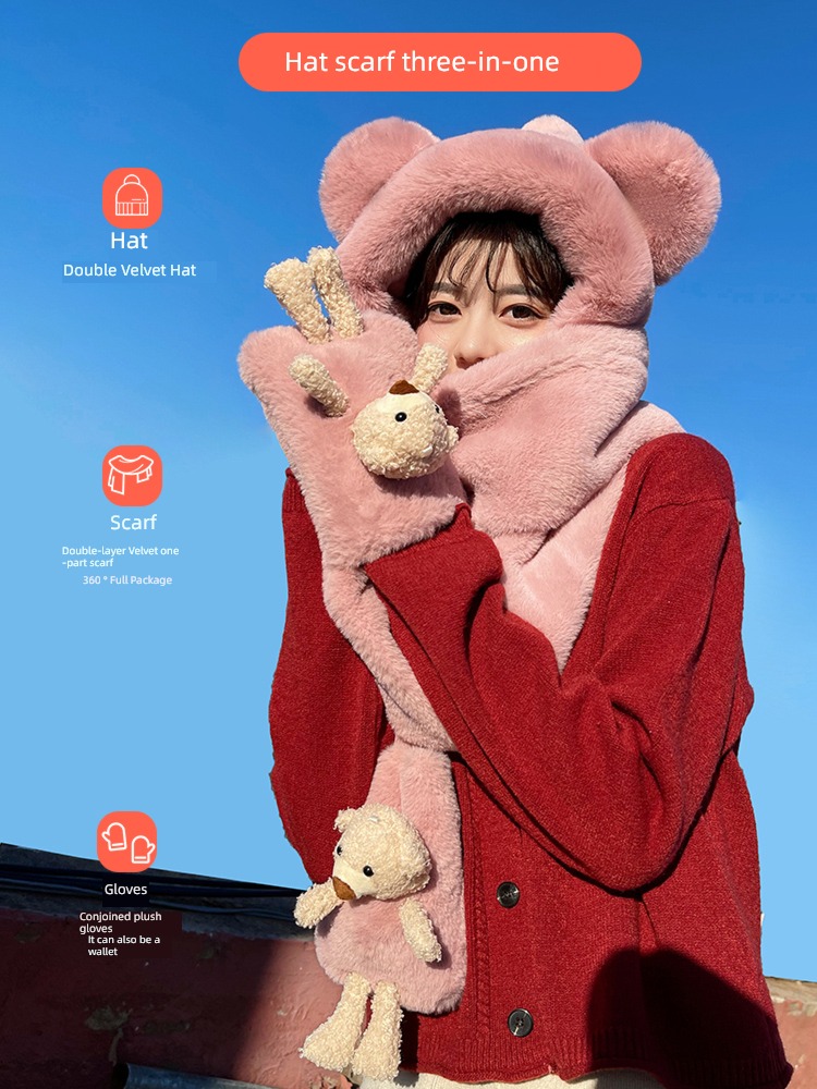 lovely female winter Plush Ears scarf one Hat