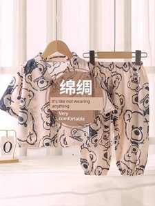 儿童家居服绵绸套装夏季男女童睡衣人造棉两件套透气棉绸空调服