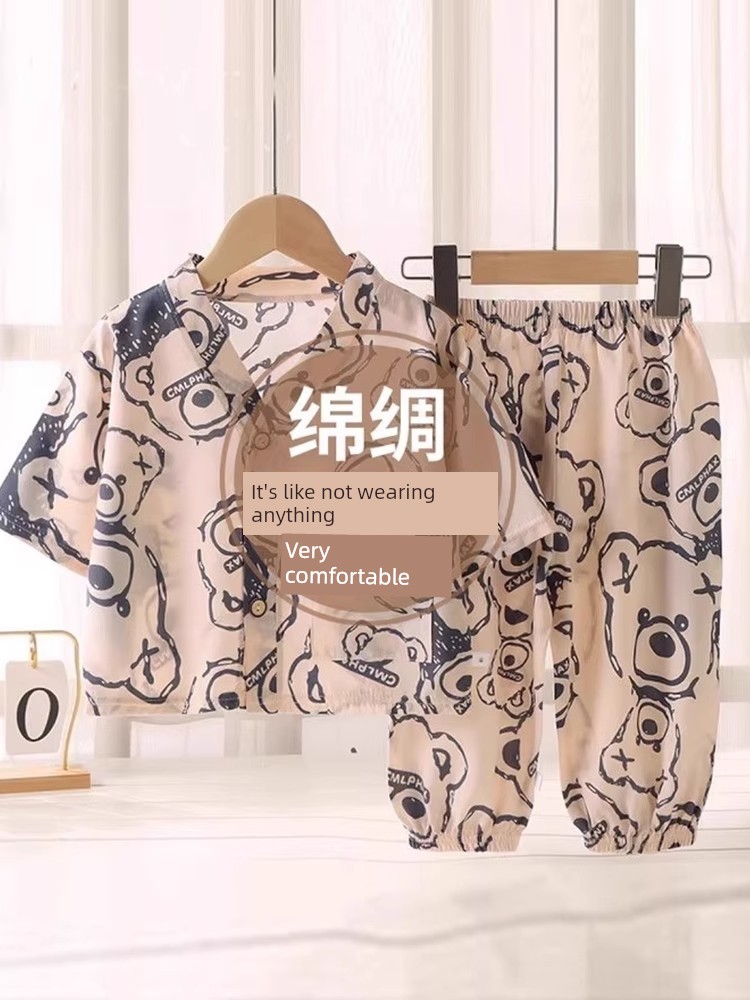 Children's Home Clothes Cotton Silk Set Summer Boys and Girls Pajamas Artificial Cotton Two-Piece Set Breathable Cotton Silk Air-Conditioned Clothing