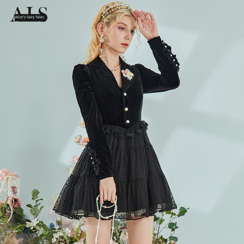 velvet Dress tailored collar temperament full dress Gauze