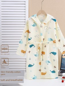 100% Cotton Yarn Cartoon Dinosaur Children's Bathrobe Bath Towel Quick-Drying Soft Breathable Tie-Waist Home Wear Pajama