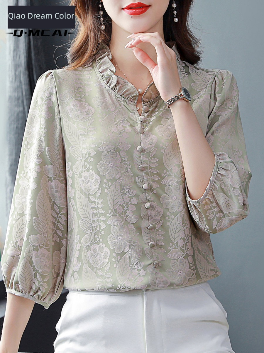 three quarter sleeve Put on your clothes French Agaric edge Cover meat Satin