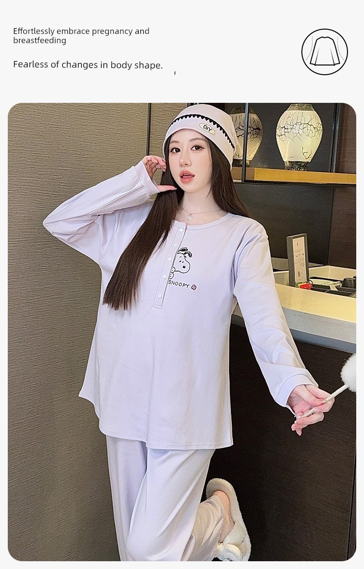 Maternity Pajamas with Hat, Pure Cotton, Sweat-Absorbent, Suitable for All Seasons, Postpartum Nursing Loungewear for Autumn and Winter — 8