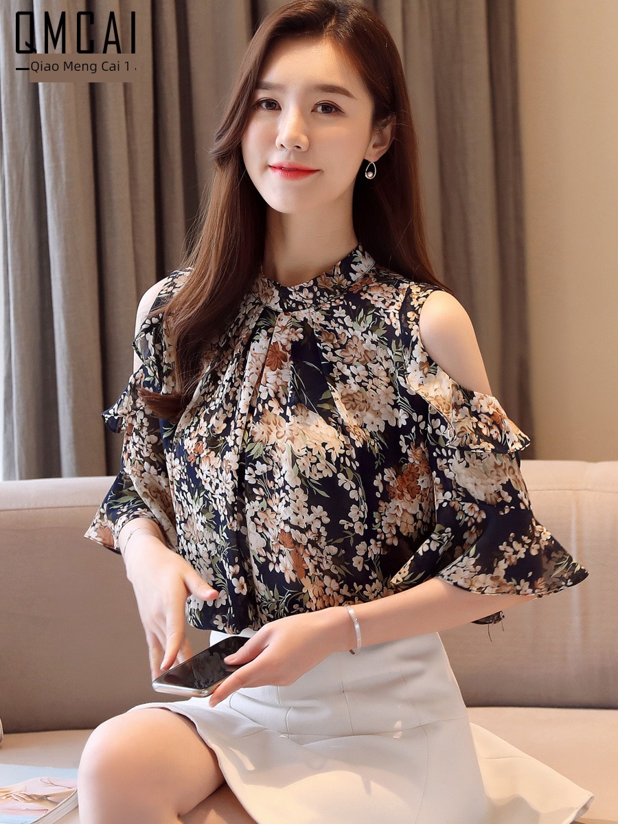 Short sleeve summer wear Foreign style Leaky shoulder jacket Chiffon shirt