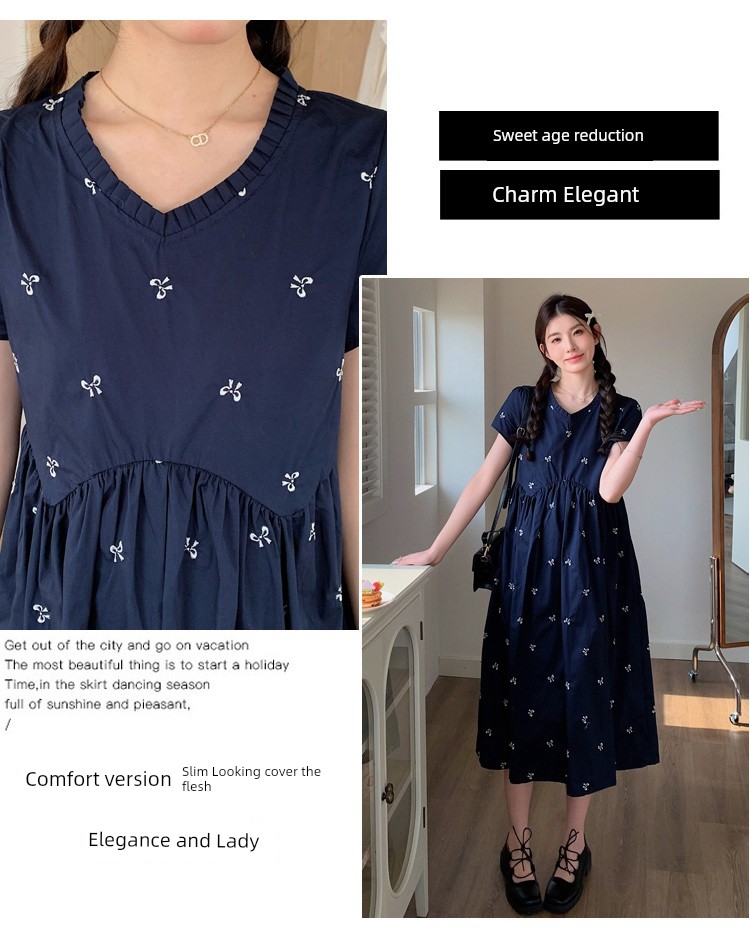 Maternity Wear Summer Loose-Fitting Age-Reducing Embroidered Dress 2026 New Style Petite High-Waisted Slimming Mid-Length Dress — 4