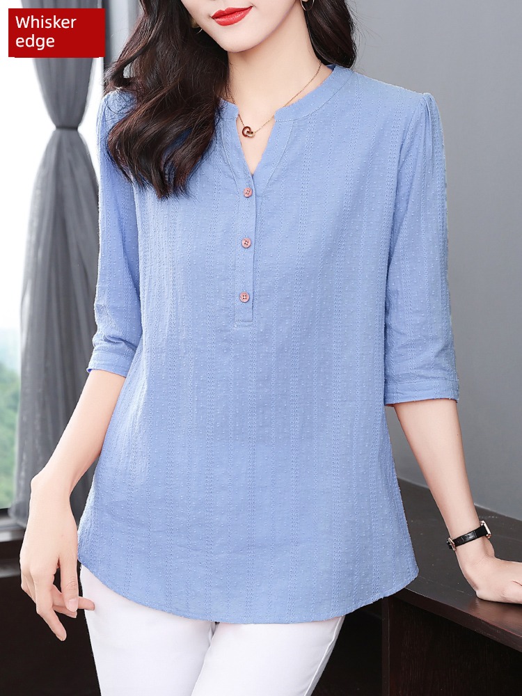 three quarter sleeve spring and autumn Thin money flax Women Foreign style shirt