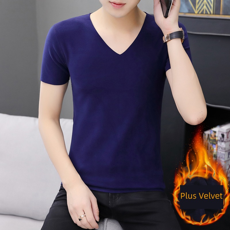 man No trace keep warm V-neck Derong Sanding Short sleeve T-shirt