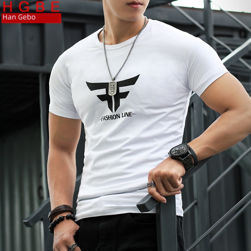 Korean version trend man Round neck white Short sleeve T-shirt