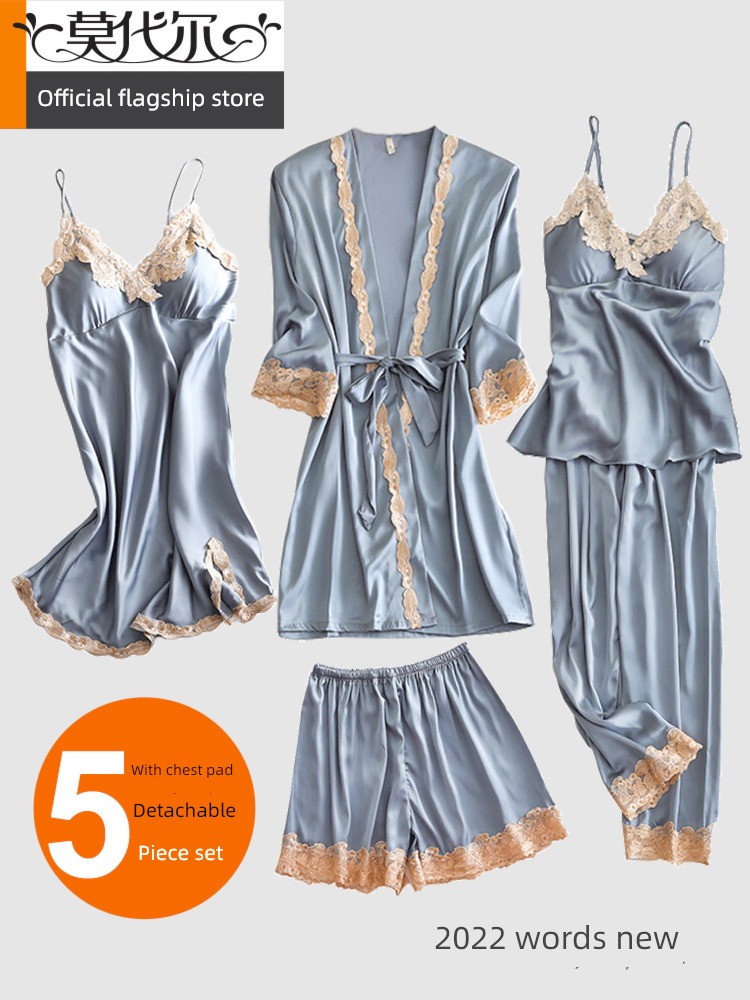 summer female Five piece set Advanced sense silk With chest pad pajamas