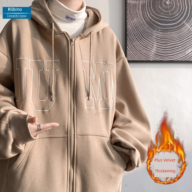 Plush thickening Cardigan Sweater male Hooded winter American style Chaopai ins letter printing teenagers easy loose coat