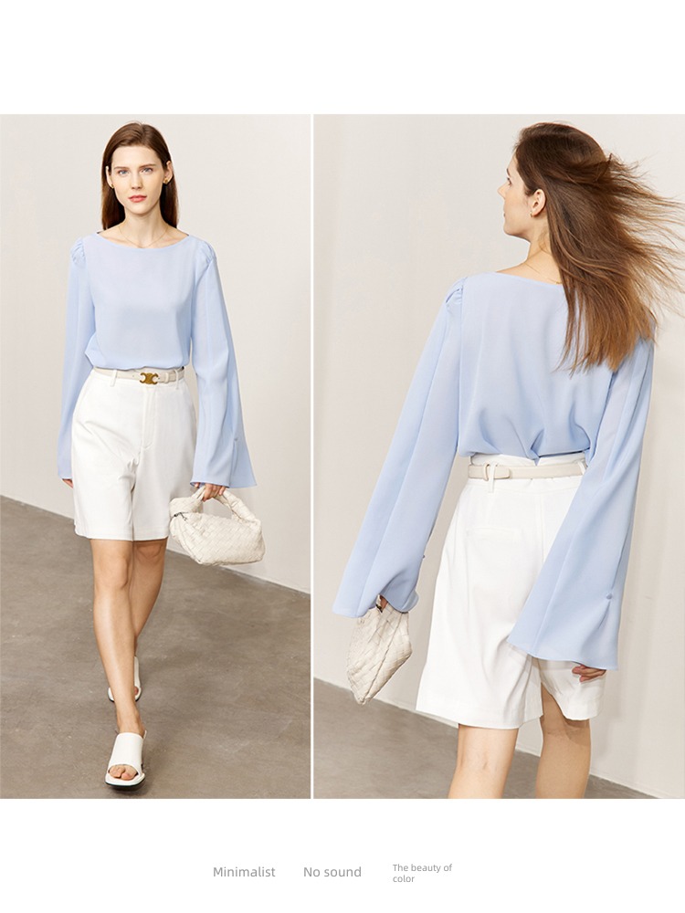 Amii2023 spring The new Straight collar pagoda sleeve Chiffon shirt unique shirt Foreign style Small shirt Long sleeve jacket female