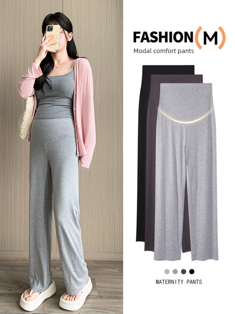 Maternity Pants for Summer, Thin Modal Casual Pants for Outdoor Wear, Autumn Non-Tightening Belly Support, Pregnancy Sleep Pants, Wide-Leg Summer Wear
