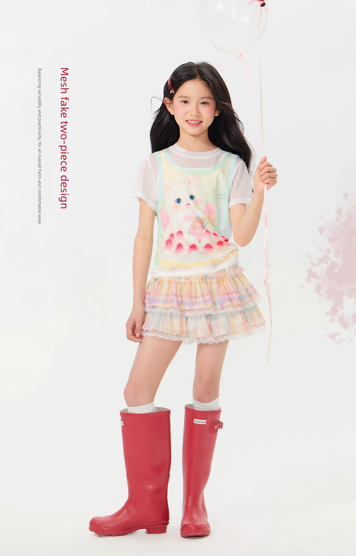 Barrybanny Girls' Cat Breathable T-Shirt 2026 Summer New Style Kidsren's Fake Two-Piece Lightweight Short-Sleeved Top — 11