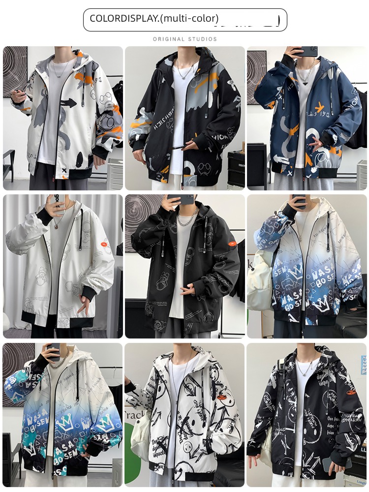 Spring and Autumn Men's style Hooded easy student Windbreaker loose coat