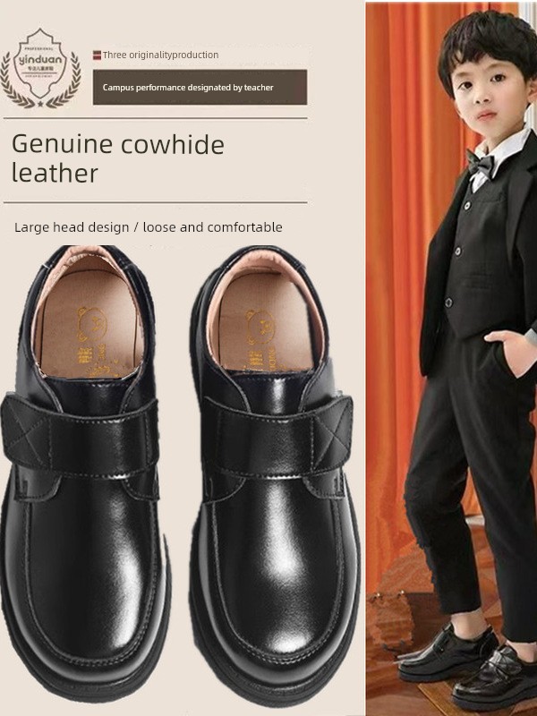 Boys' Leather Shoes 2026 Spring and Autumn New Style Black British Performance Shoes Single Shoes Soft Sole Children's Student Performance Shoes