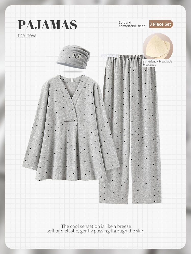 Cotton Maternity Pajamas with Hat for Spring and Autumn, Suitable for Pre- and Postpartum Nursing, Summer Thin Style, Plus-Size Loungewear